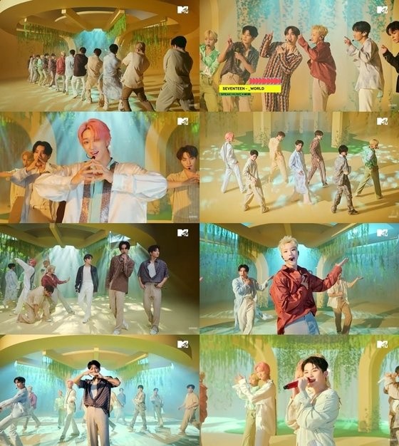 Seventeen performed '_WORLD' on MTV in the US... radiating refreshing energy